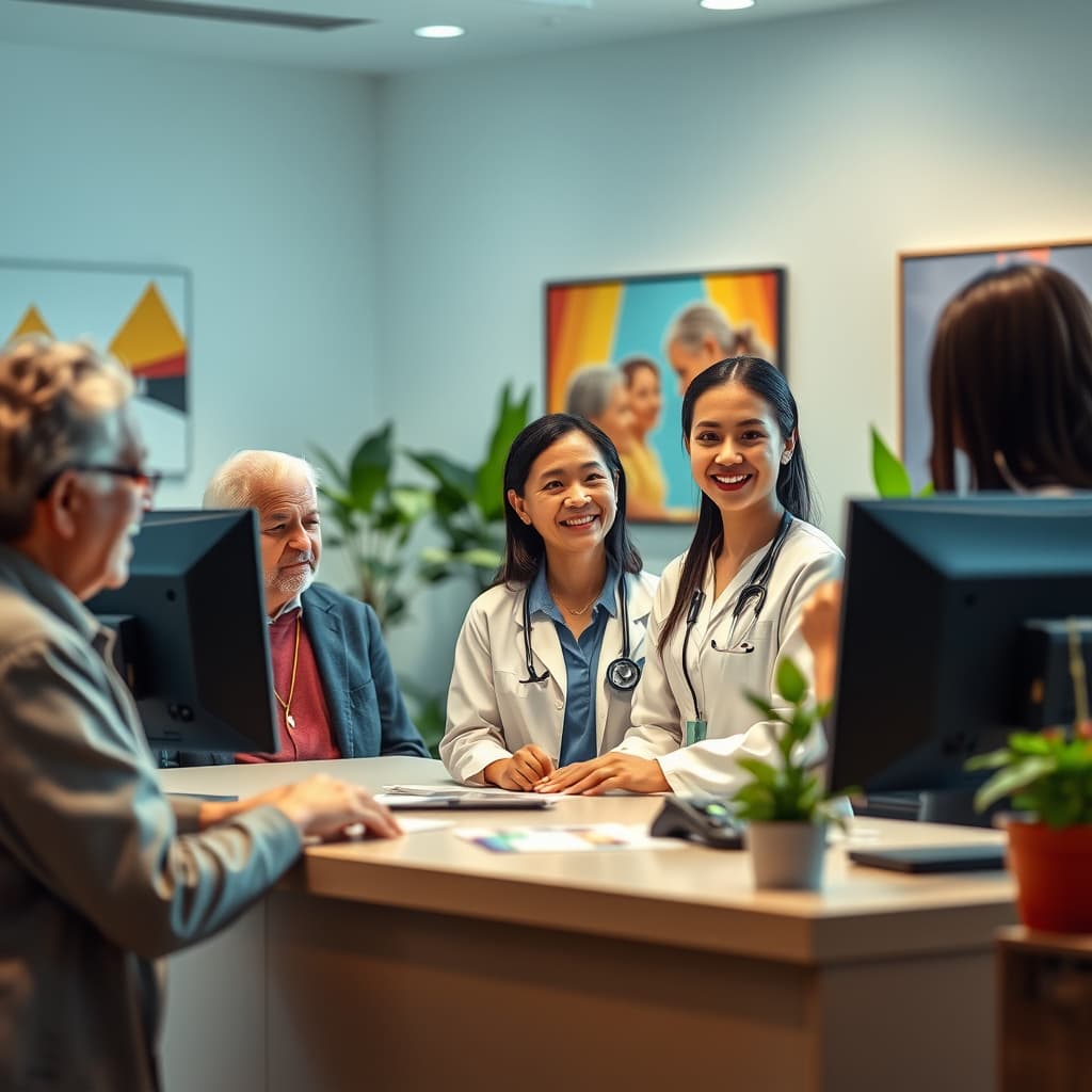 Equipe de clínica atendendo com apoio da recepção de IA